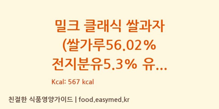 밀크 클래식 쌀과자 (쌀가루56.02% 전지분유5.3% 유청분말3% 우유분말0.10% 합성쌀향0.07%함유) 칼로리 및 주요 영양소 분석 (HENAN YULIANG GROUP KAILILAI FOOD CO.,LTD)