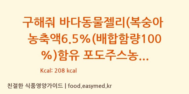 구해줘 바다동물젤리(복숭아 농축액6.5%(배합함량100%)함유 포도주스농축6.5%(배합함량100%)함유 레몬주스농축액6.5%(배합함량100%)함유) 칼로리 및 주요 영양소 분석 (JIANGMENCHUANGKEQIFOODTECHNOLOGYCO.,LTD)